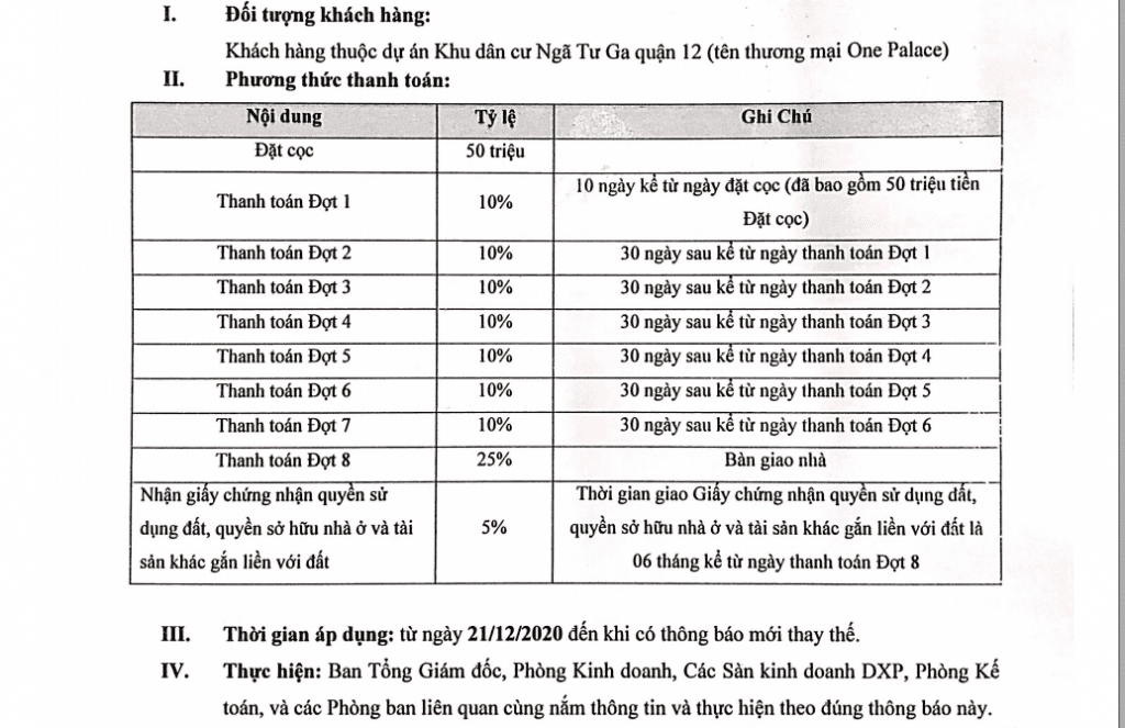 chính sách thanh toán dự án one palace q12