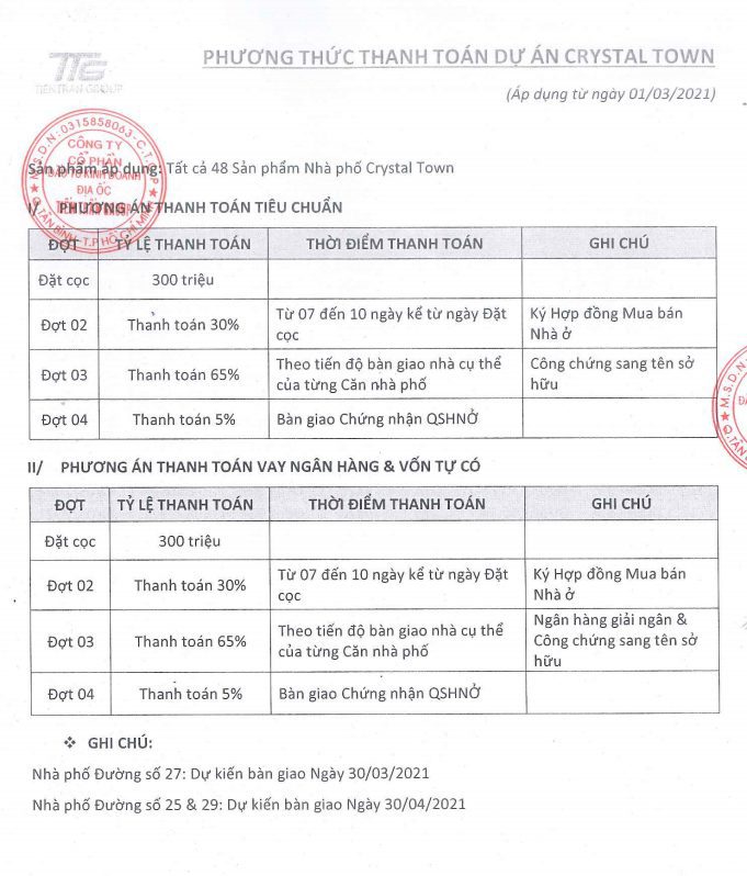 phương thức thanh toán dự án crystal town bình tân