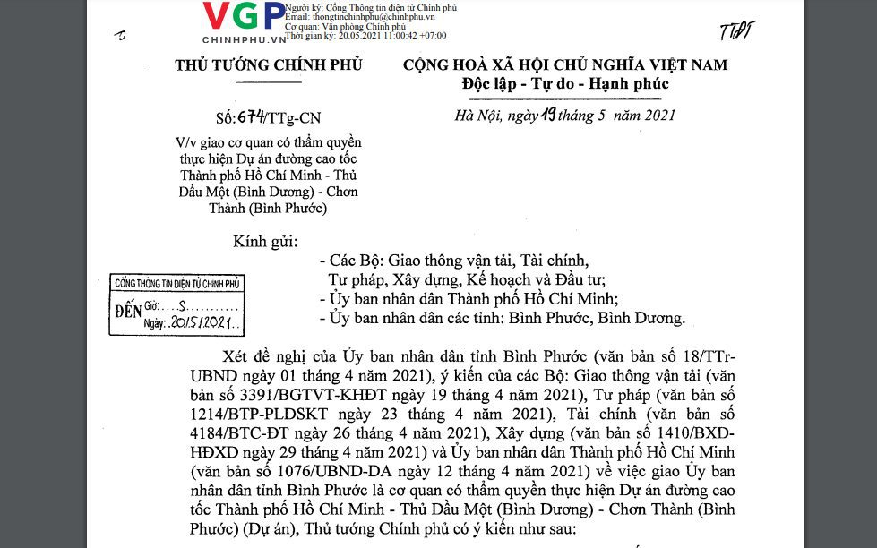 công văn quyết định tỉnh bình phước là cơ quan có thẩm quyền hực hiện dự án đường cao tốc TP. Hồ Chí Minh - Thủ Dầu Một (Bình Dương) - Chơn Thành (Bình Phước).