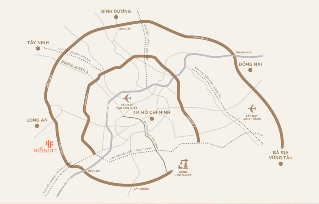 sơ đồ kết nối của dự án diamond city với 5 đô thị xung quanh
